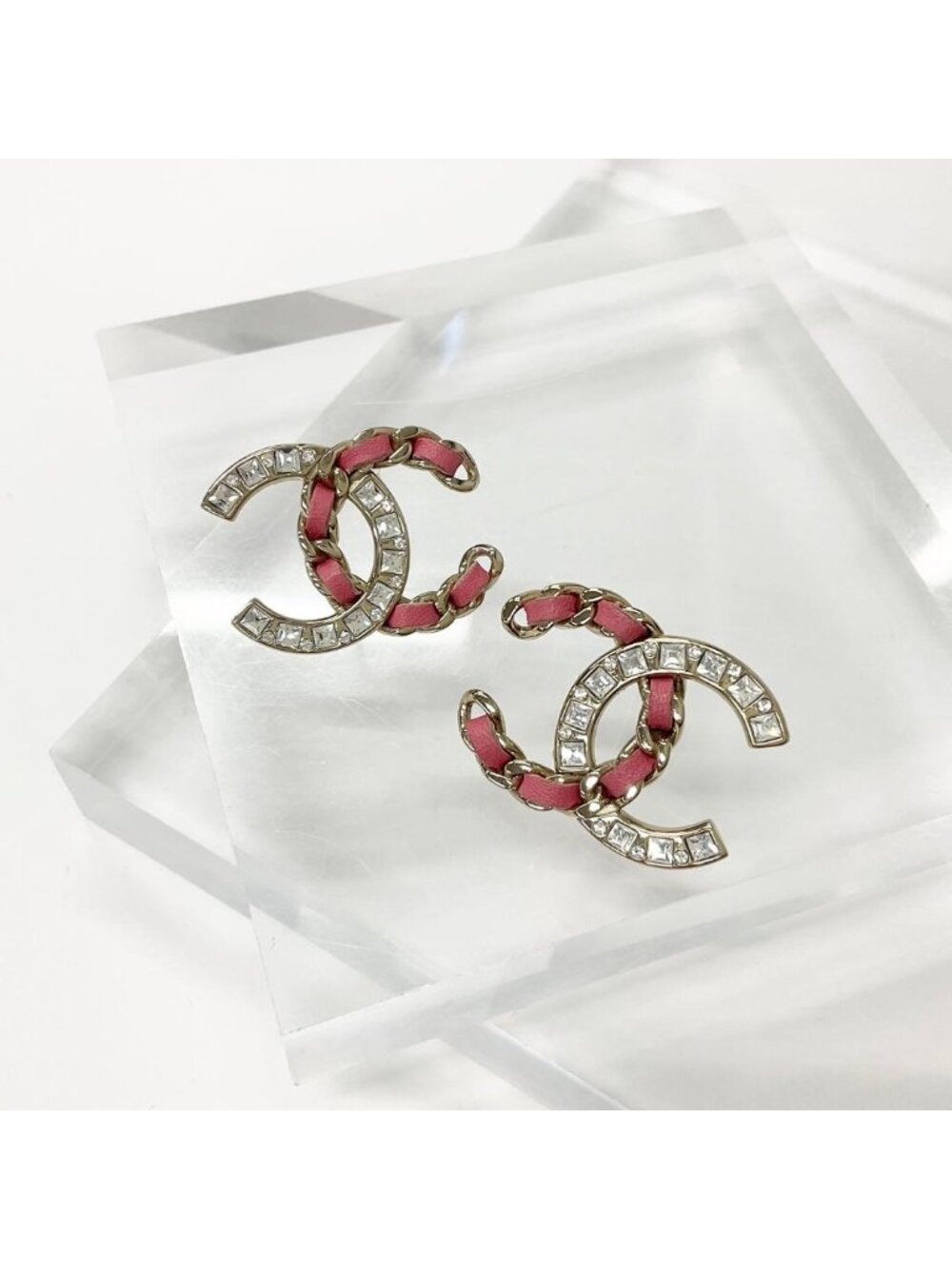 Chanel Earrings CC Logo Rhinestone Gold Pink